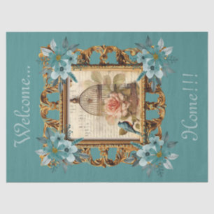 Framed Floral Bird Cage & Script Decoupage Tissue Paper