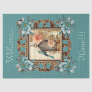 Framed Floral Bird Cage & Script Decoupage  Tissue Paper