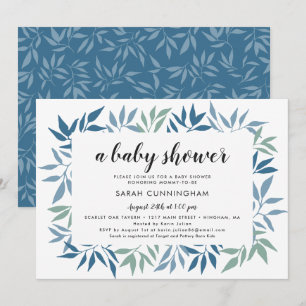 Framed Greeenery Leaves Blue and Green Baby Shower Invitation