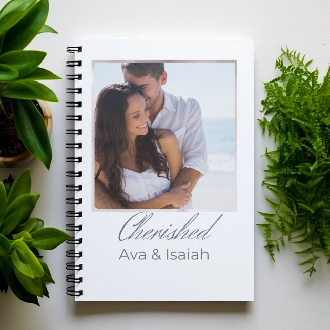 Framed Keepsake Line Spiral Notebook (“Spiral notebook with watercolor-framed photo, script ‘Cherished,’ and subtle serif text accent.”)