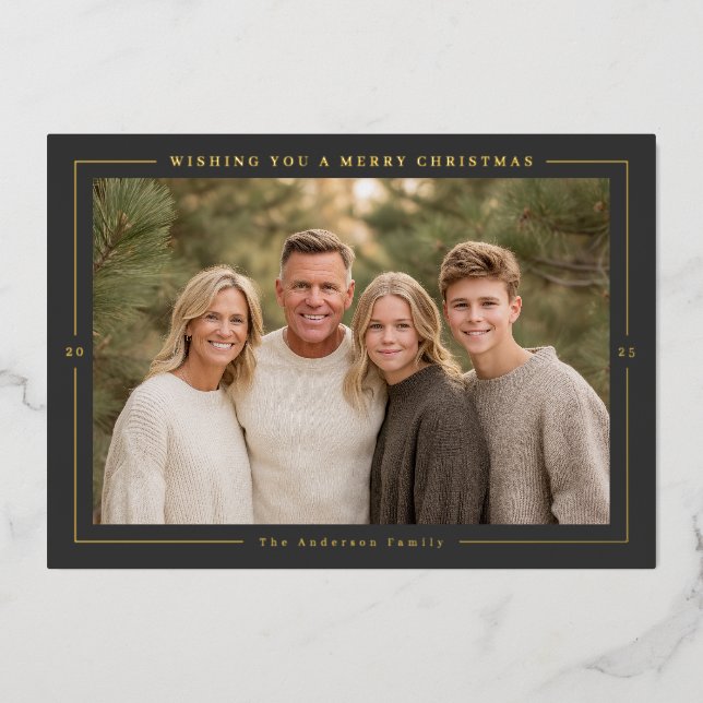 Framed Modern Christmas Photo Foil Holiday Card (Front)