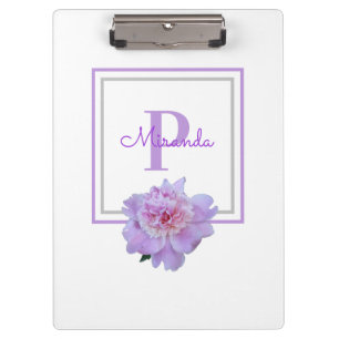 Framed Monogram Pink Peony Flower Purple Clipboard