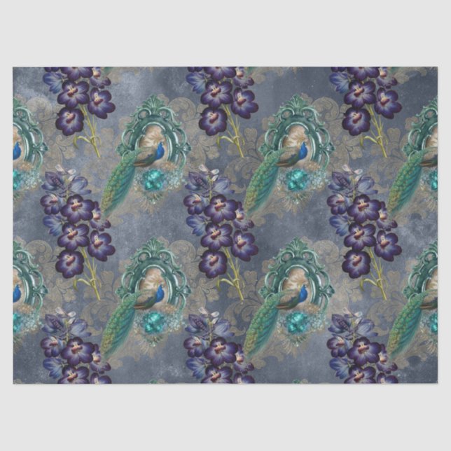 Framed Peacocks and Purple Flowers Decoupage Tissue Paper (Front)