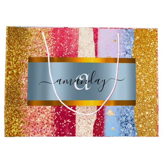 Framed Royal Monogram Golden Glitter Pink VIP Large Gift Bag (Back)