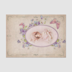 Framed Victorian Young Girl Flowers Butterflies Tissue Paper