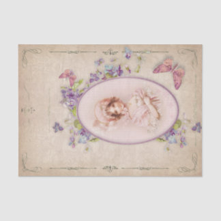 Framed Victorian Young Girl Flowers Butterflies Tissue Paper