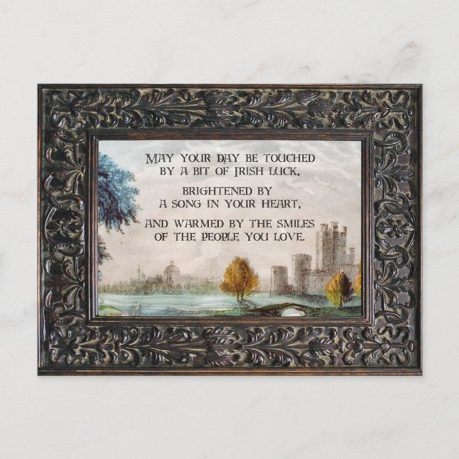 Framed Vintage Irish Blessing and Castle Landscape Postcard (Front)