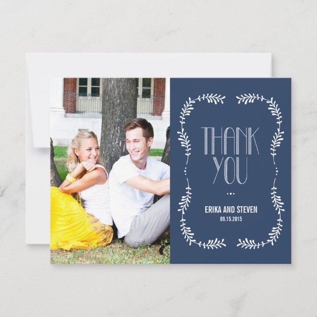 Framing Leaves Wedding Photo Thank You Card Navy (Front)