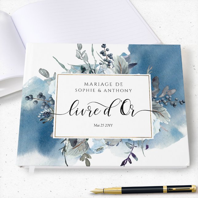 Français, Livre d'Or, Livre d'or Floral Bleu (Créateur téléchargé)
