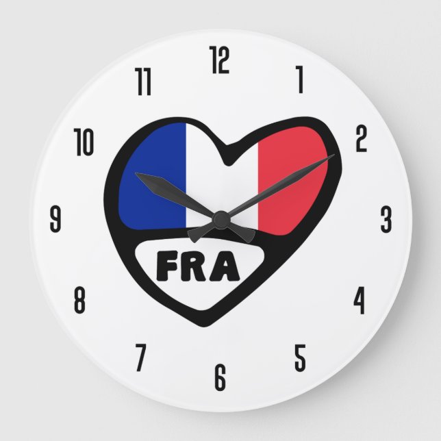 France Country Code FRA Flag Heart Large Clock (Front)