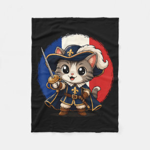 France Flag Cute Kawaii Musker Cat French Pride Fleece Blanket