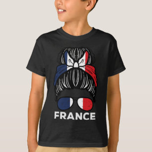 France Flag French Girl Hairbun Football Soccer Fa T-Shirt