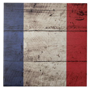 France Flag on Old Wood Grain Tile