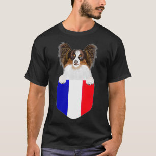 France Flag Papillon Dog In Pocket  T-Shirt