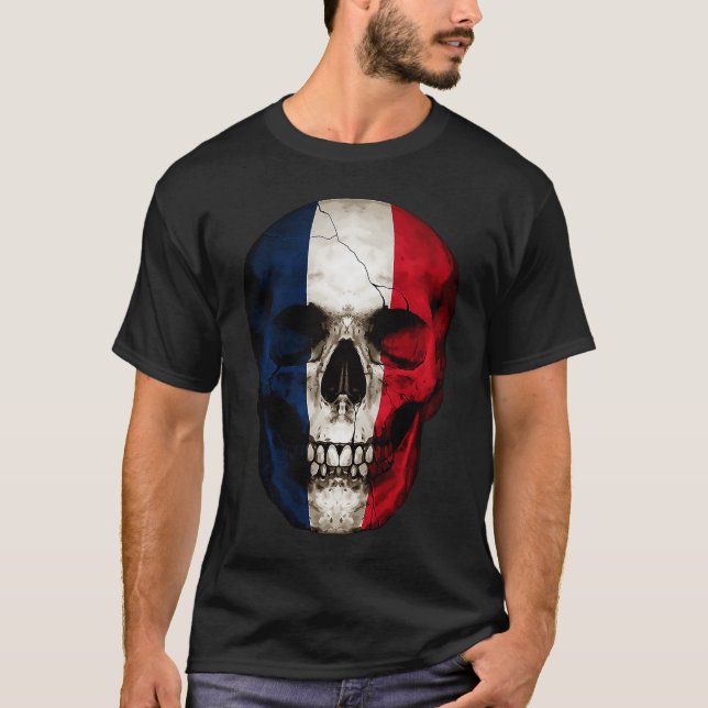 France Flag Skull French Roots Proud Patriotic T-Shirt (Front)