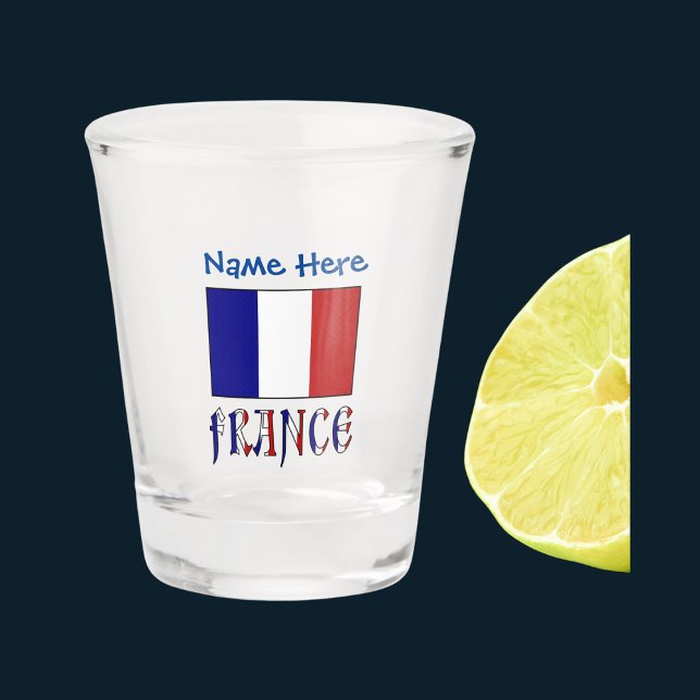 France French Flag Blue Personalization  Shot Glass (Shot glass has the French flag and the word FRANCE in flag colors. Add a name above in blue text.)