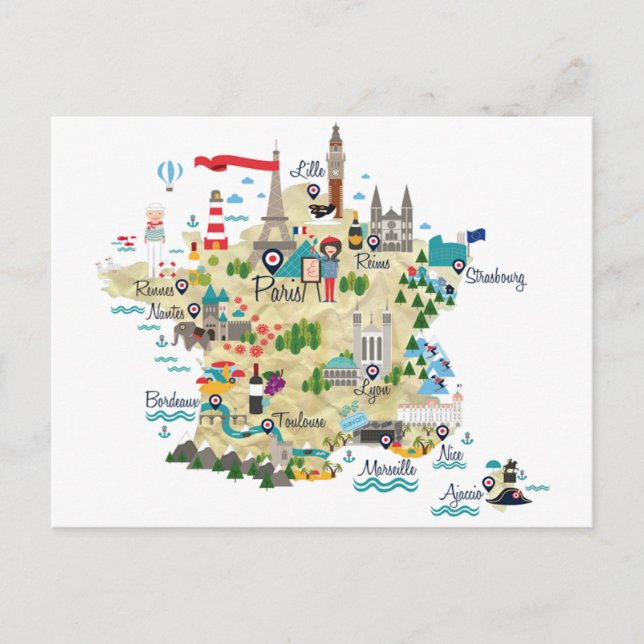 France Map Tourists Destinations  Postcard (Front)