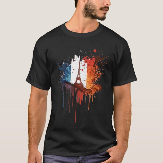 France Paris Abstract Splatter French Flag Eiffel  T-Shirt (Front)