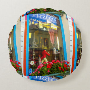 France Paris Cafe Restaurant Pizzeria Window View Round Pillow