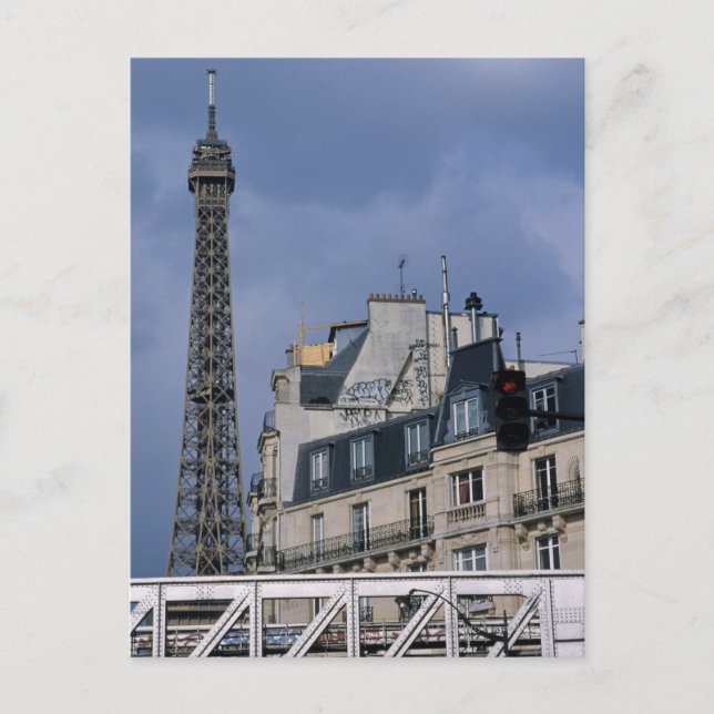 France, Paris, Eiffel Tower behind metro train Postcard (Front)