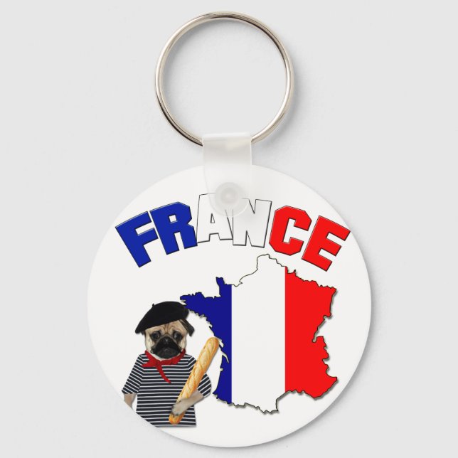 France - Pug with baguette - Keychain (Front)