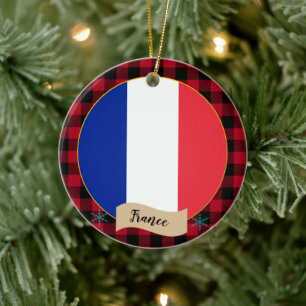 France, Red buffalo plaid & French Flag Ceramic Ornament