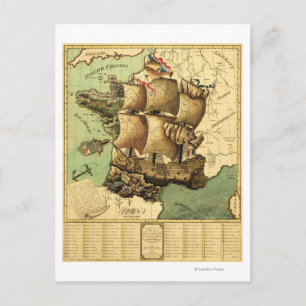 France Represented as a ShipPanoramic Map Postcard