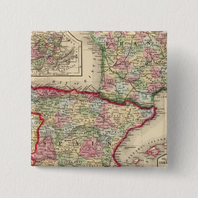 France, Spain, Portugal Map by Mitchell 2 Inch Square Button (Front)