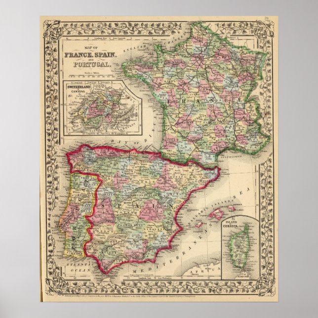 France, Spain, Portugal Map by Mitchell Poster (Front)