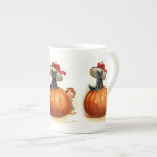 Frances Brundage: Black Cat, Pumpkin and a Boy Bone China Mug