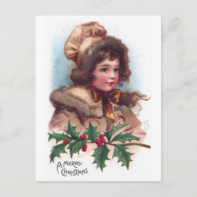 Frances Brundage: Winter Girl with Holly Holiday Postcard (Front)