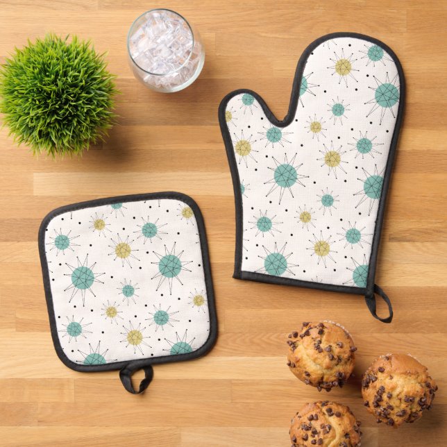 Franciscan Starburst Pattern Atomic Mid-century Oven Mitt & Pot Holder Set (Top Down)
