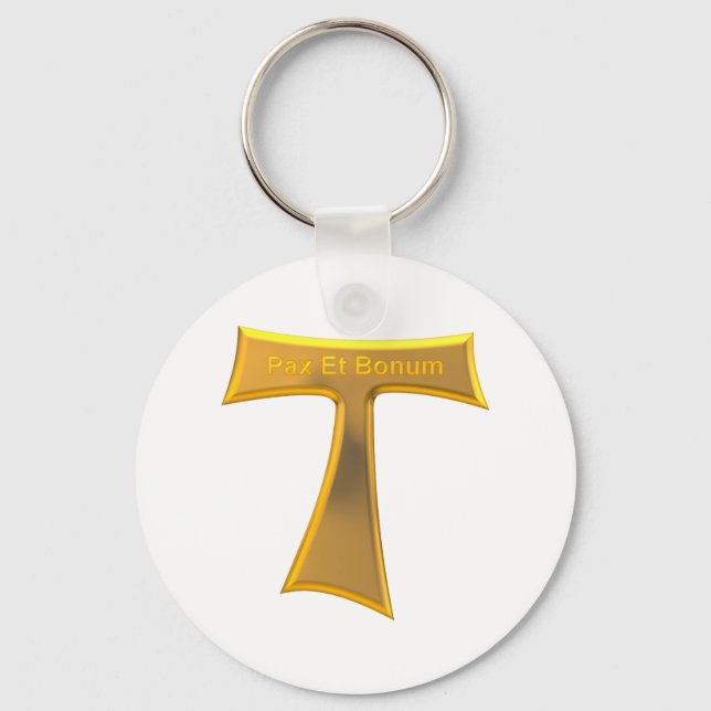 Franciscan Tau Cross Pax Et Bonum Gold Metallic Keychain (Front)