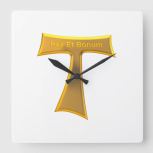 Franciscan Tau Cross Pax Et Bonum Gold Metallic Square Wall Clock
