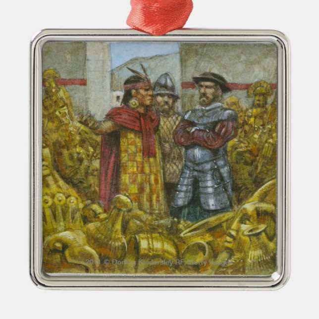 Francisco Pizarro next to Inca Emperor Atahualpa Metal Ornament (Front)