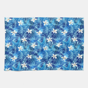 Frangipani and blue palm leaf kitchen towel