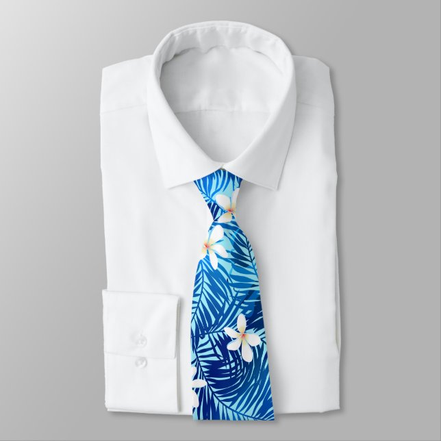 Frangipani and blue palm leaf tie (Tied)