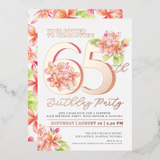 Frangipani floral pink orange 65th birthday party (Front/Back)