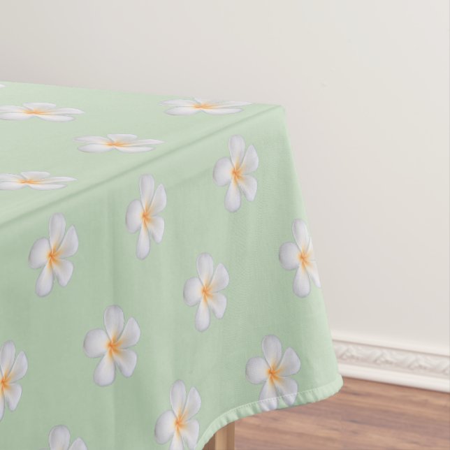 Frangipani Plumeria Flowers on Light Green Tablecloth (In Situ)
