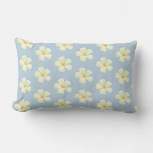 Frangipani Plumeria Flowers on Wondrous Blue Lumbar Pillow