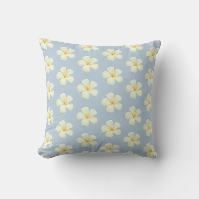  Frangipani Plumeria Flowers on Wondrous Blue Throw Pillow (Front)