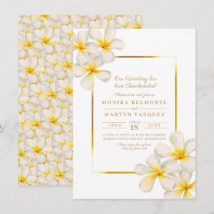 Frangipani white gold tropical rescheduled wedding invitation