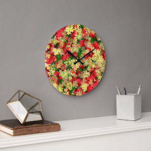 Frangipanis Jaune Et Roses Rouges, Horloge Murale