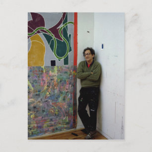 Frank Stella  beside one of his works Postcard