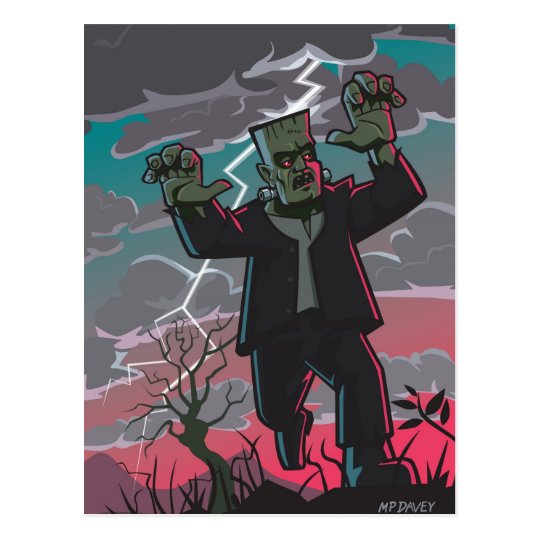 frankenstein creature in storm postcard