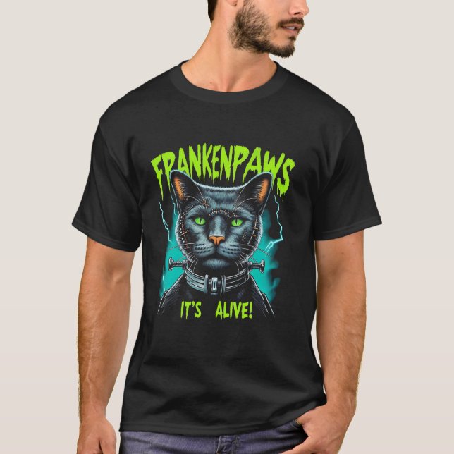 Frankenstein Frankenpaws Spooky Horror Cat Paws Ha T-Shirt (Front)