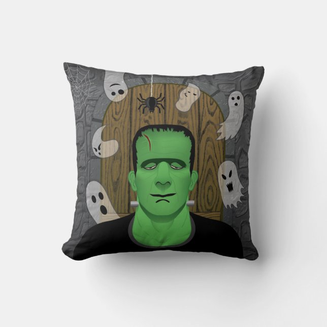 Frankenstein & Ghosts Throw Pillow (Front)