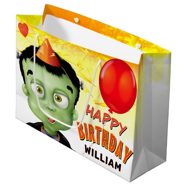 Frankenstein Halloween Kids Birthday Large Gift Bag (Front Angled)