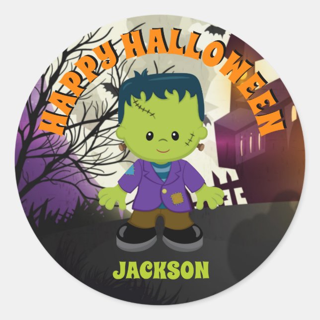 Frankenstein Halloween Stickers Kids Personalized (Front)