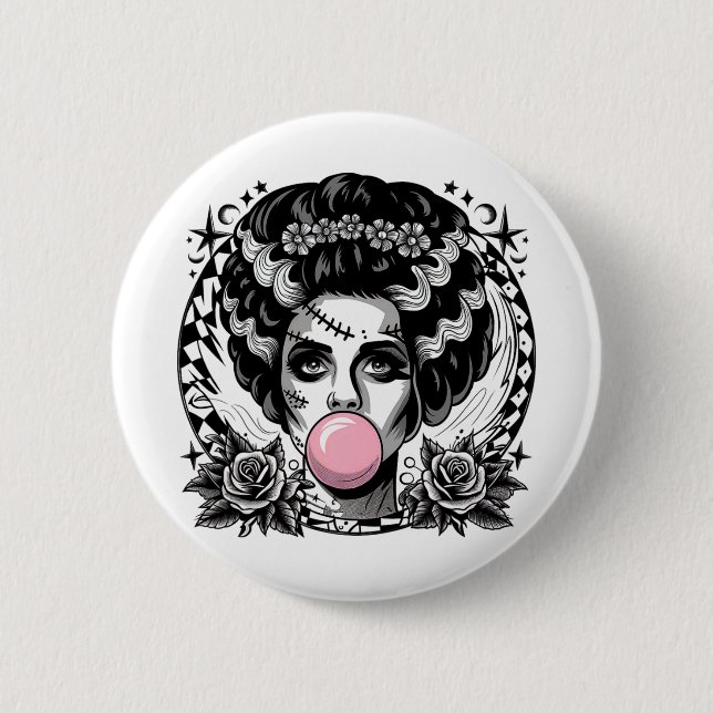 Frankenstein Monster And Bride Bubble Gum Funny Ha 2 Inch Round Button (Front)
